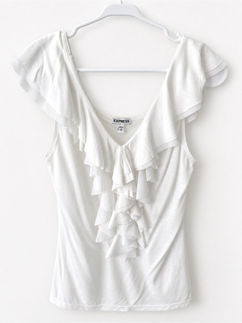 Express White Ruffle V-Neck Sleeveless Tank